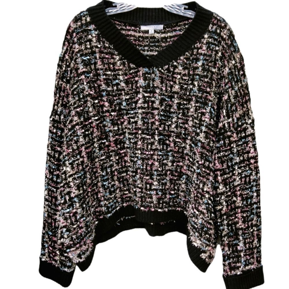 Favlux Fashion Oversized Sparkly Sweater Size M Black Pink Blue Cream